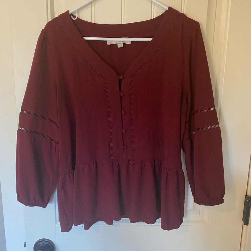 EUC Loft Bohemian Peasant Blouse Burgundy Maroon large